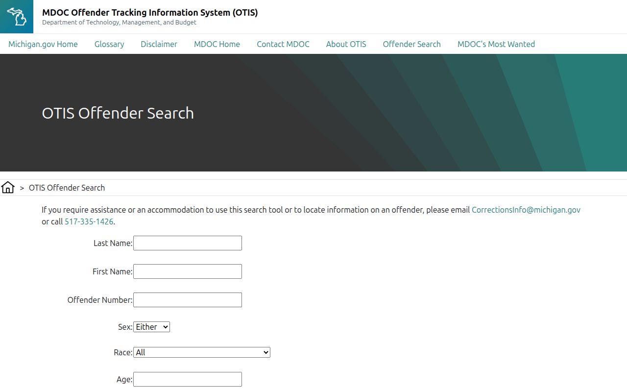 Michigan DOC OTIS search for Alger County state corrections records